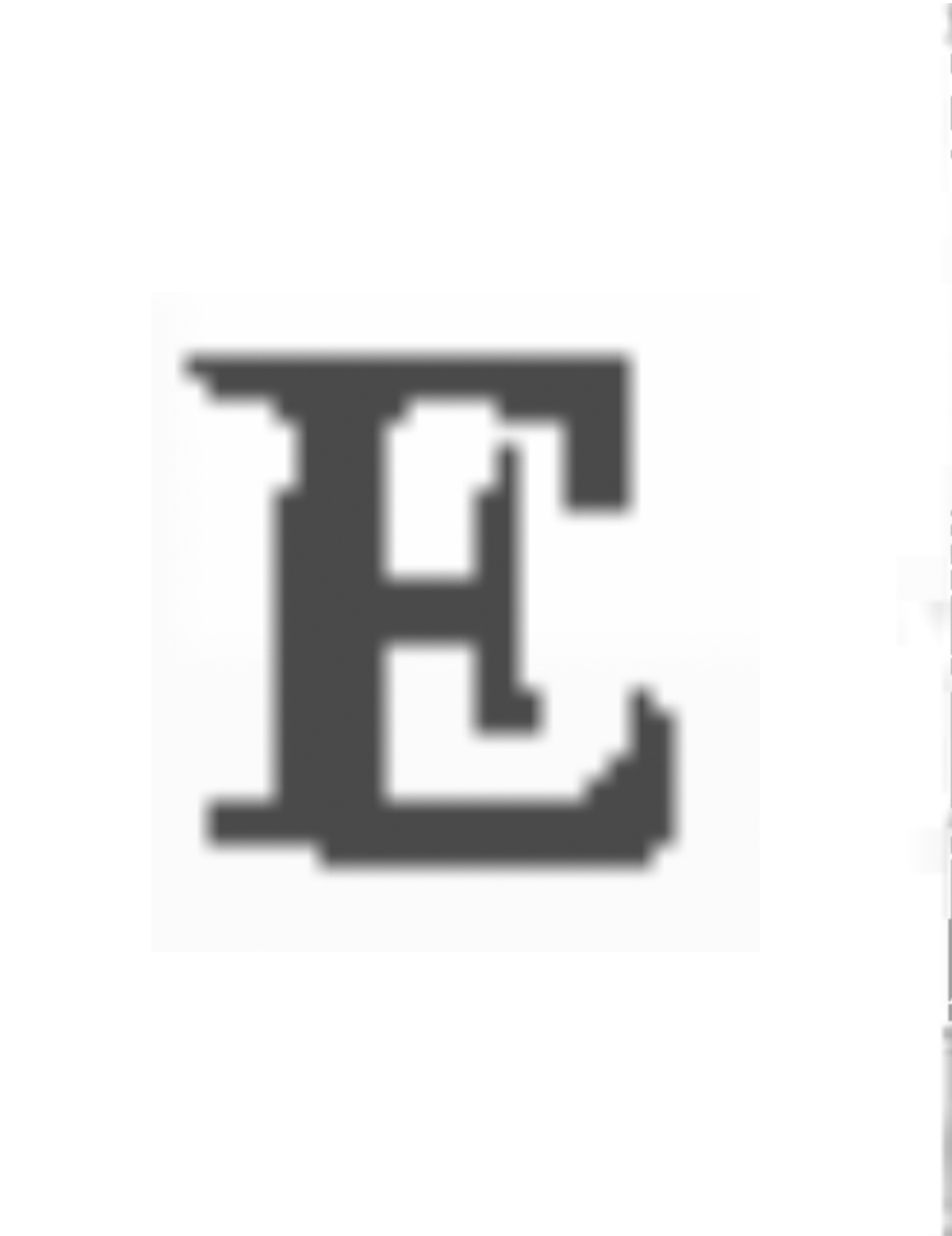 Two Es face each other across a pixelated margin. The serif on the middle arm of the E extends higher on the left letterform to form a tighter enclosure with the top arm.