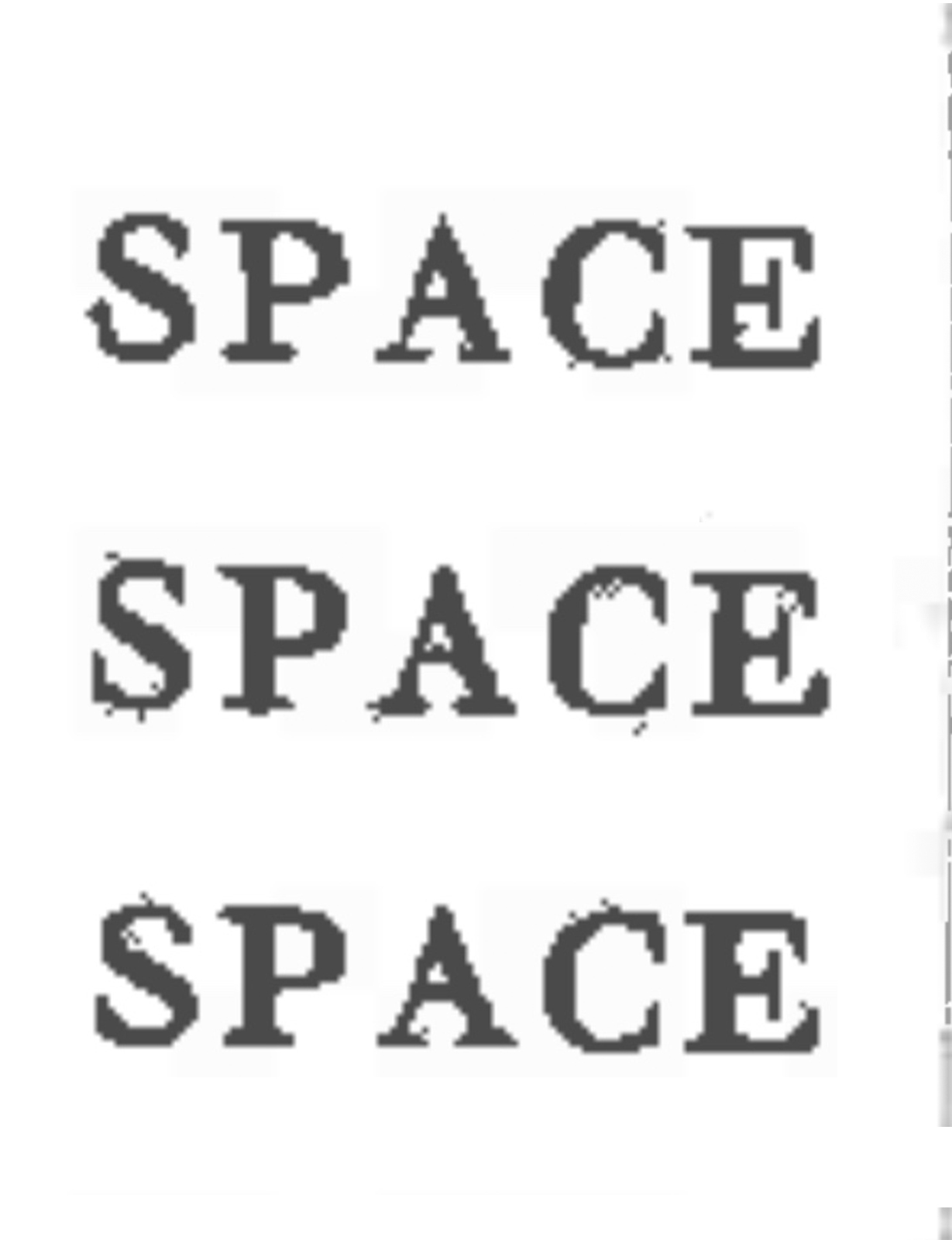 In a book-like format, six iterations of the word SPACE are spread across a central pixelated image of a margin.